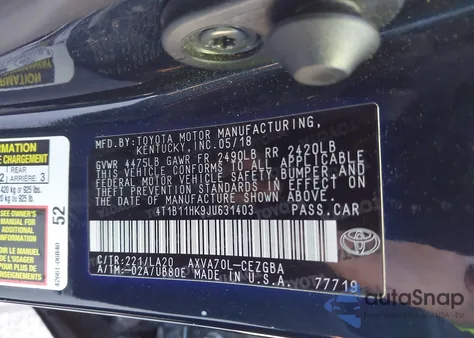 2018 Toyota Camry Xle z USA, uszkodzony, nr VIN 4T1B11HK9JU631403
